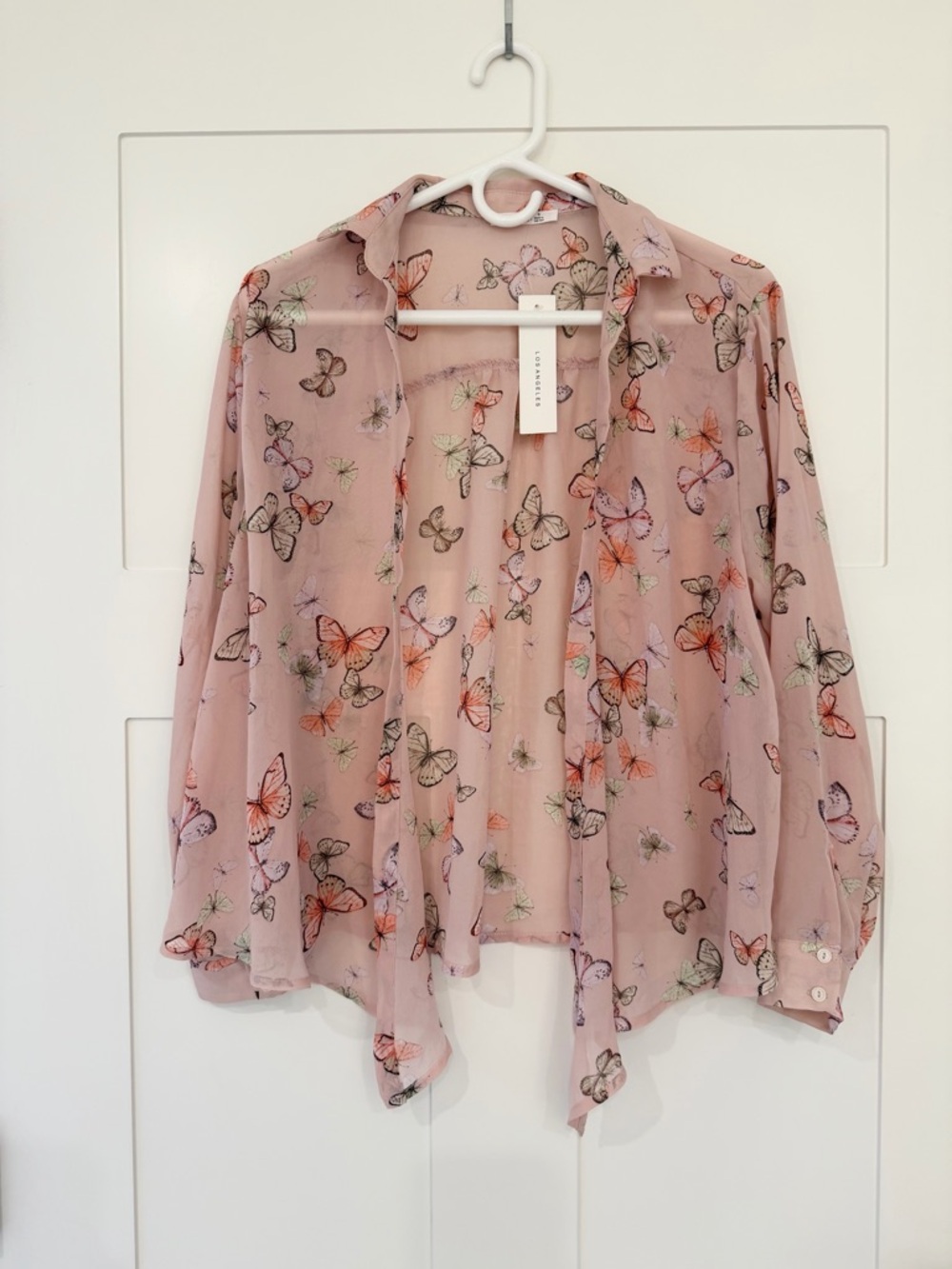 Sheer Pink Butterfly Print Women's Open Blouse